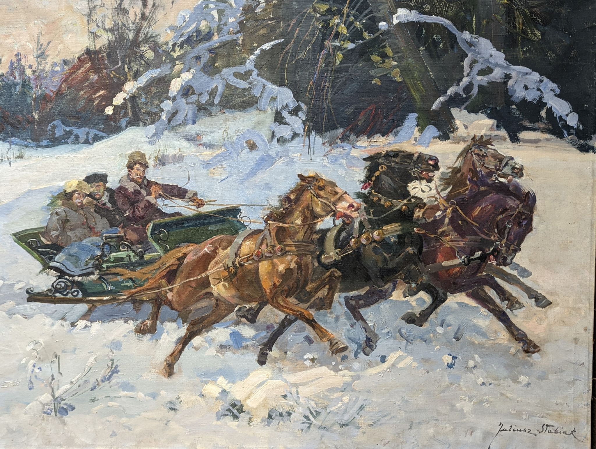 Juliusz Slabiak (Polish, 1917-1973), two oils on canvas, Wedding party in a cart and Troika, signed, 69 x 50cm and 74 x 55cm